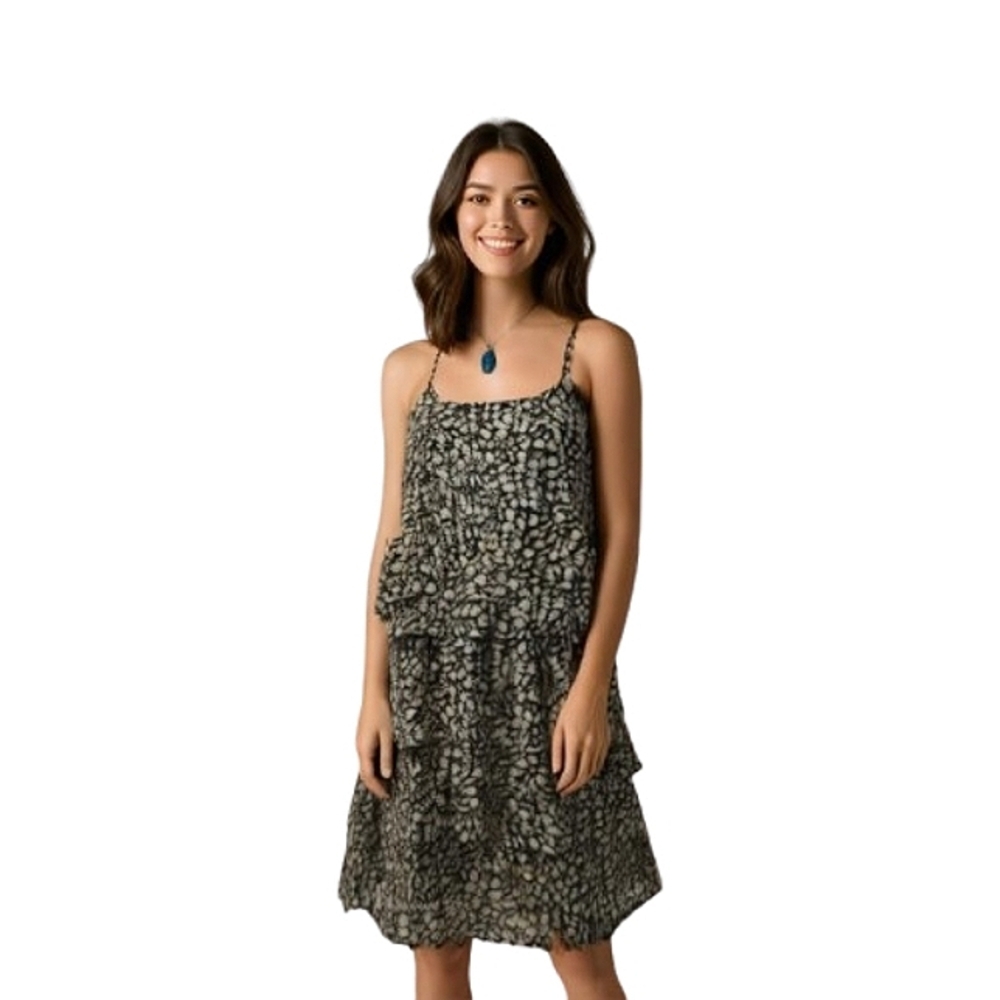 Who What Where Black Cream Floral Ruffle Summer Tiered Sleeveless Midi Dress